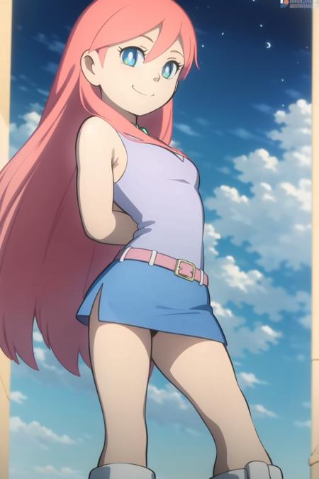 09010-3577055652-Lilulu, 1girl, solo, cloud, skirt, day, sky, pink hair, boots, long hair, blue eyes, miniskirt, smile, looking at viewer, arms b.png